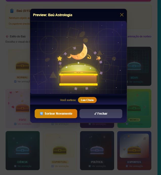 Baú aberto revelando objeto sorteado
